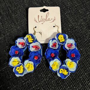 Viola Blue Floral Statement Earrings – Bold Beaded Hoop with 3D Flowers